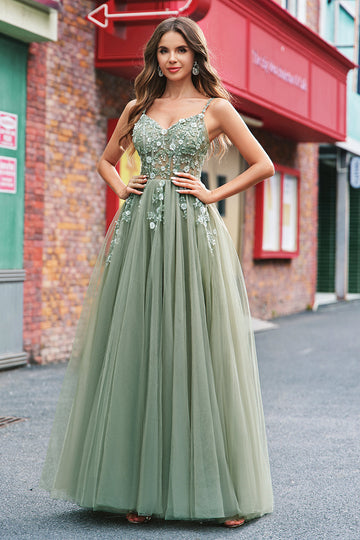 Vert Une ligne Corset Sequin Tulle Robe Longue De Bal Avec Lacets Dans Le Dos